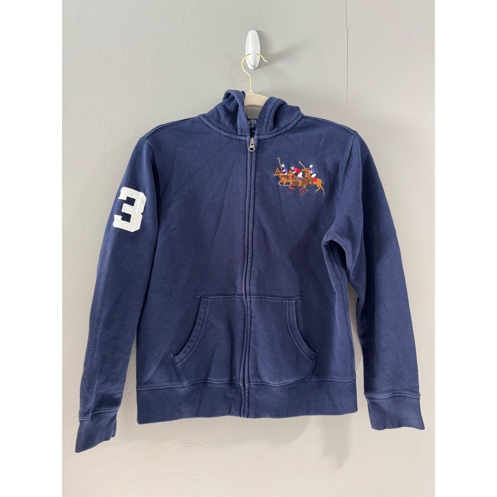 Polo Ralph Lauren Full Zip Hoodie Boys L(14-16)‎ Three Polo Players Navy Blue